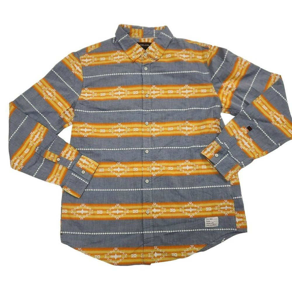 Adam Levine Button Down Shirt Longsleeve Southwestern Denim Blue Orange M